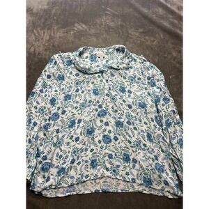 Lucky Brand Women's White Blue Floral Print Long Sleeve Button Neck Blouse Top L